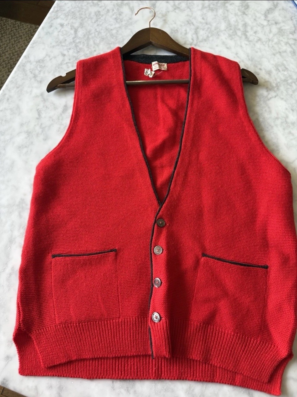 VTG 50s 60s Jaeger Wool Cardigan Vest Rich’s Store For Men Red Contrast Trim 40